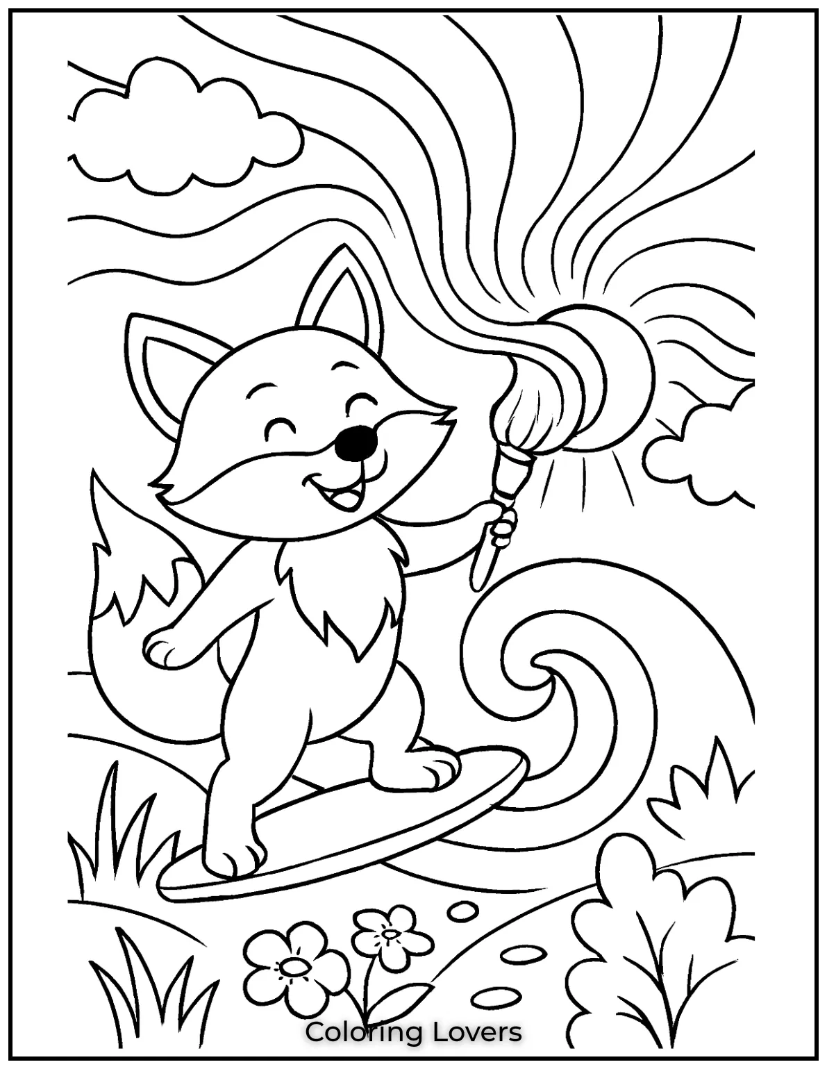 Powerful Fox Coloring Pages That Are Hidden 15 A fox with a paintbrush adds swirling colors to the sunset sky in a creative scene.