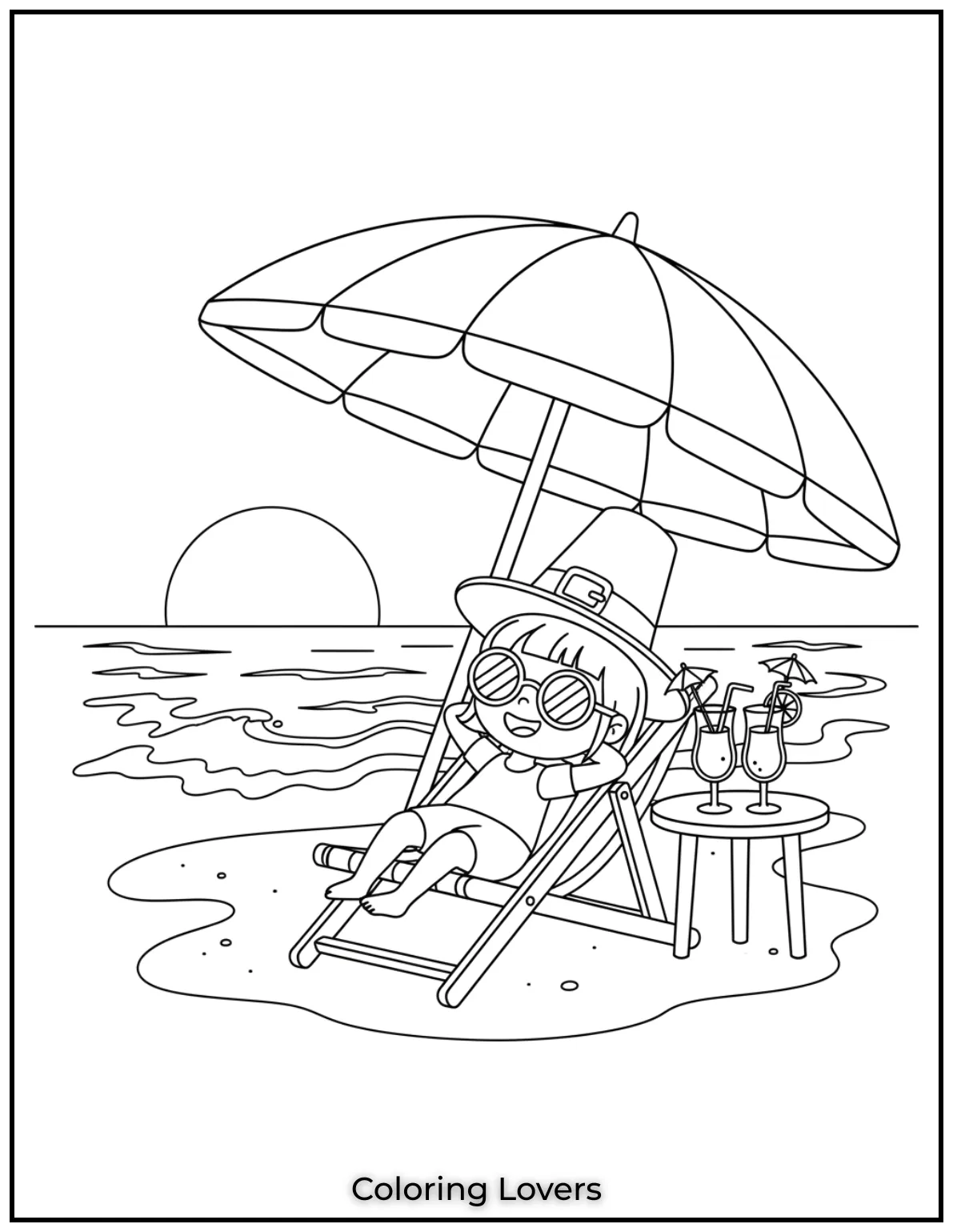 A girl lounges under a big umbrella with sunglasses on. 