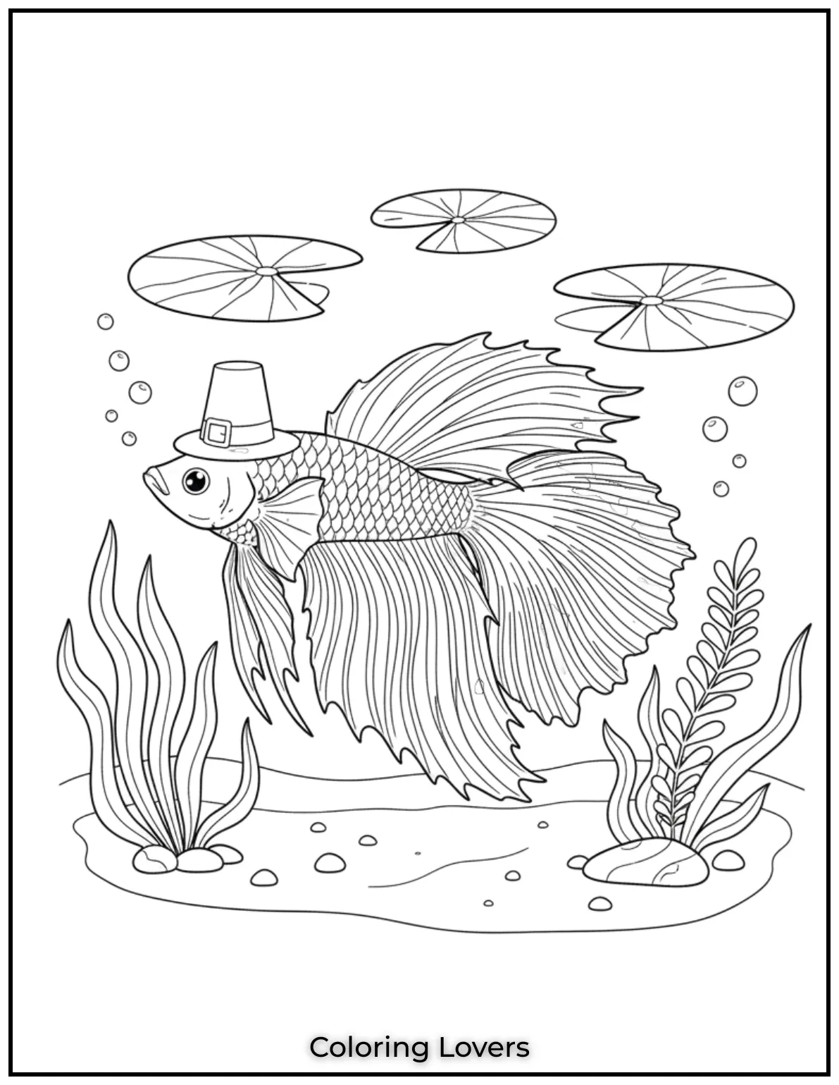 A graceful betta fish swims near lily pads. Its tail fans out like a feathery wave