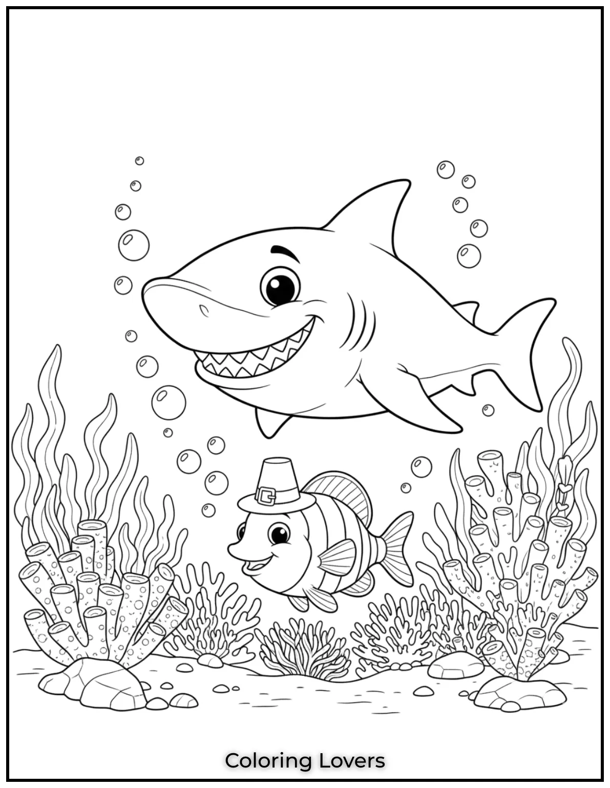 A grinning shark glides above a striped fish in a coral filled scene. Theres plenty of personality packed into this friendly ocean duo