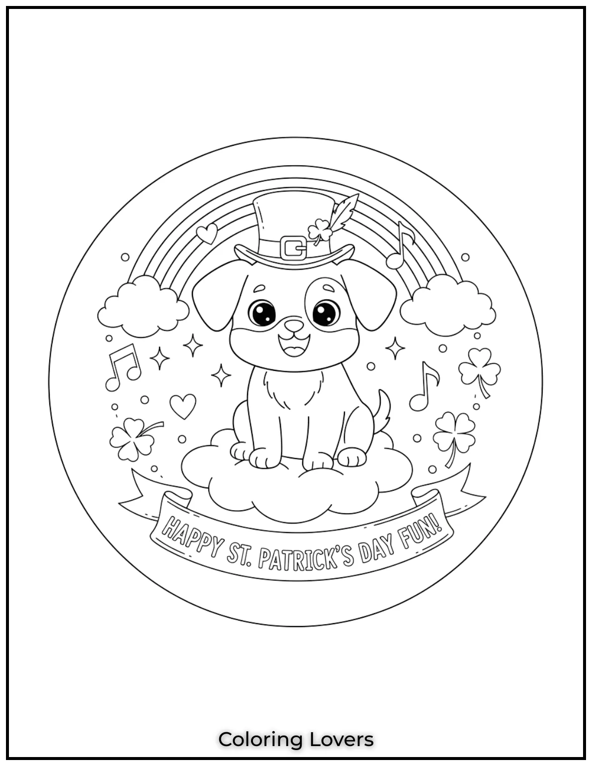Download St Patrick's Day Coloring Pages 31 A happy puppy sits under a rainbow, ready for St.