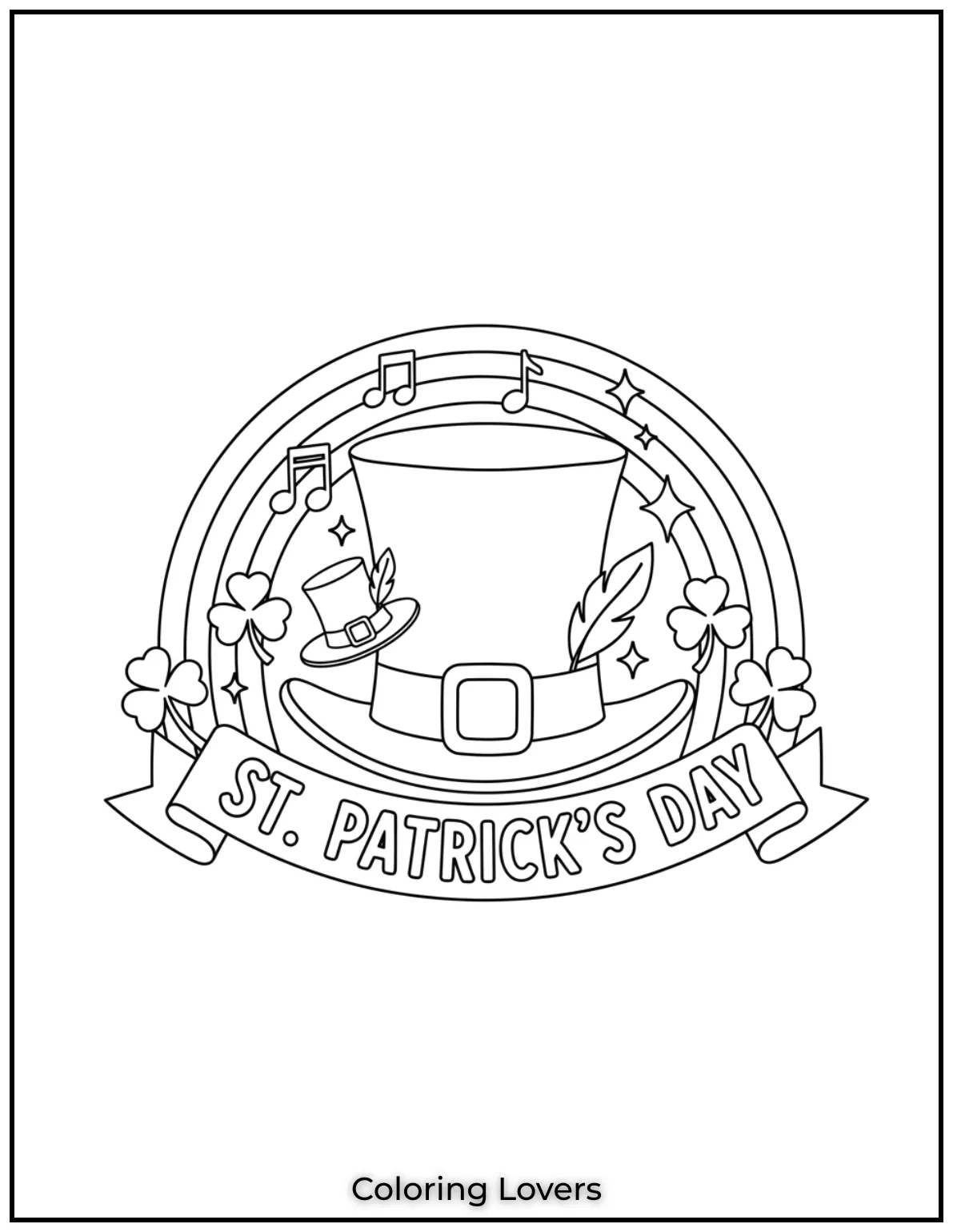 Download St Patrick's Day Coloring Pages 13 A leprechaun’s hat sits under a glowing rainbow, surrounded by lucky shamrocks