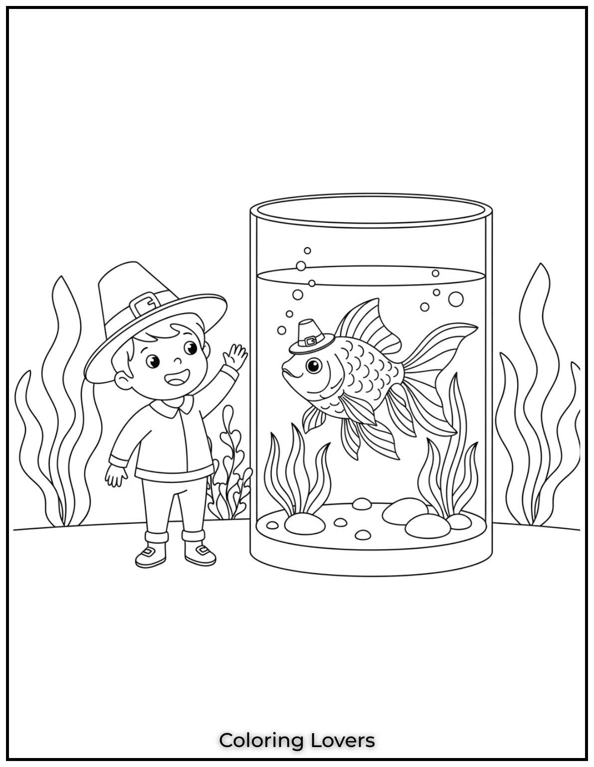 A little kid waves to a fancy goldfish in a tall aquarium. Its a calm and curious moment