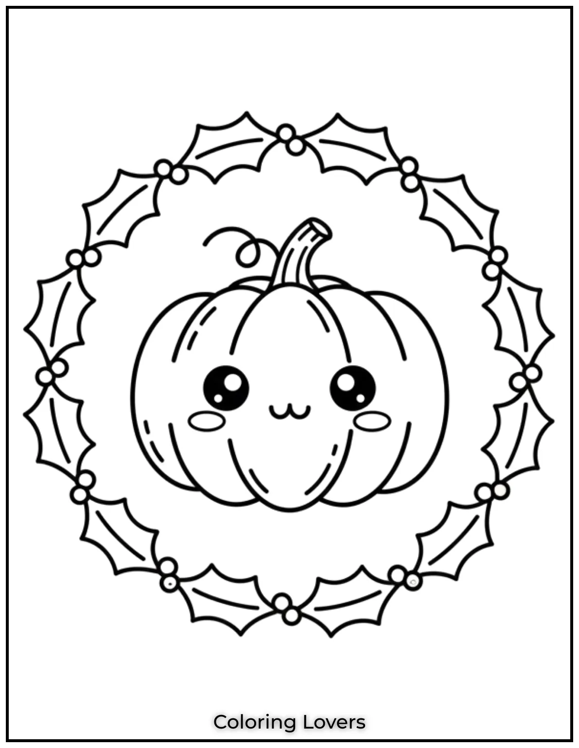 A lovely Thanksgiving pumpkin framed with a holly wreath making it a serene and detailed coloring page for adults to enjoy