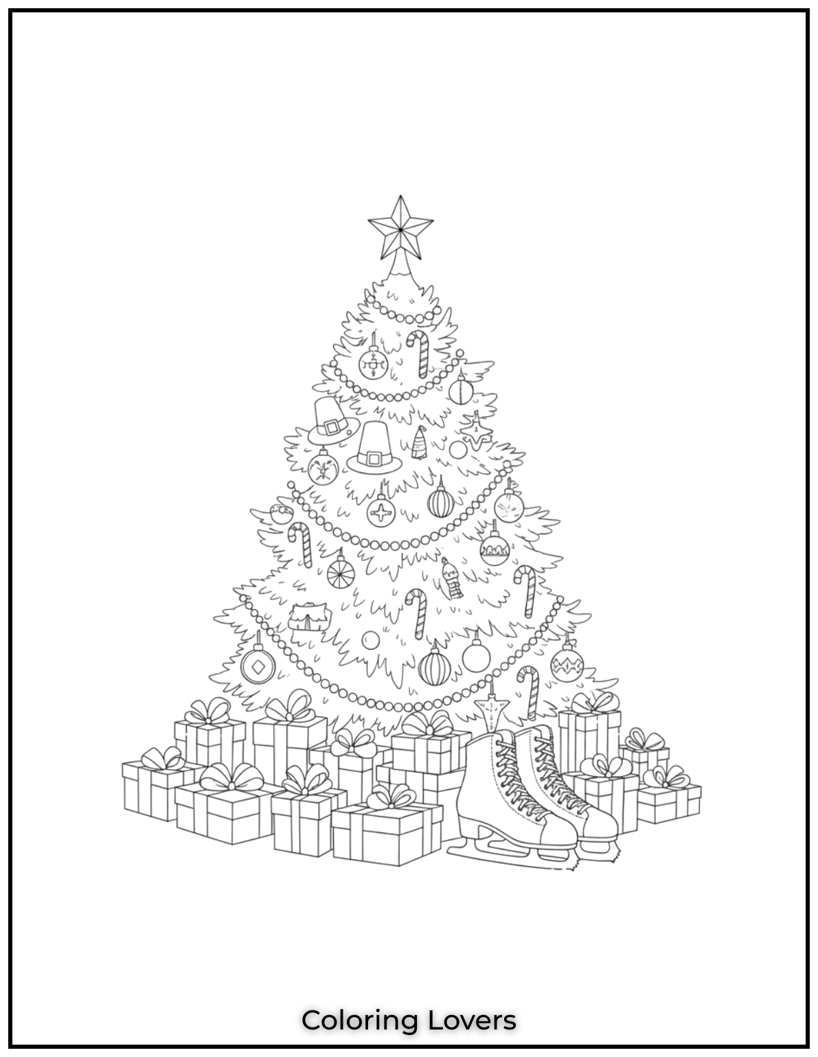 Free Printable Christmas Tree Coloring Pages 14 A pair of ice skates under the Christmas tree, what a lovely winter gift!