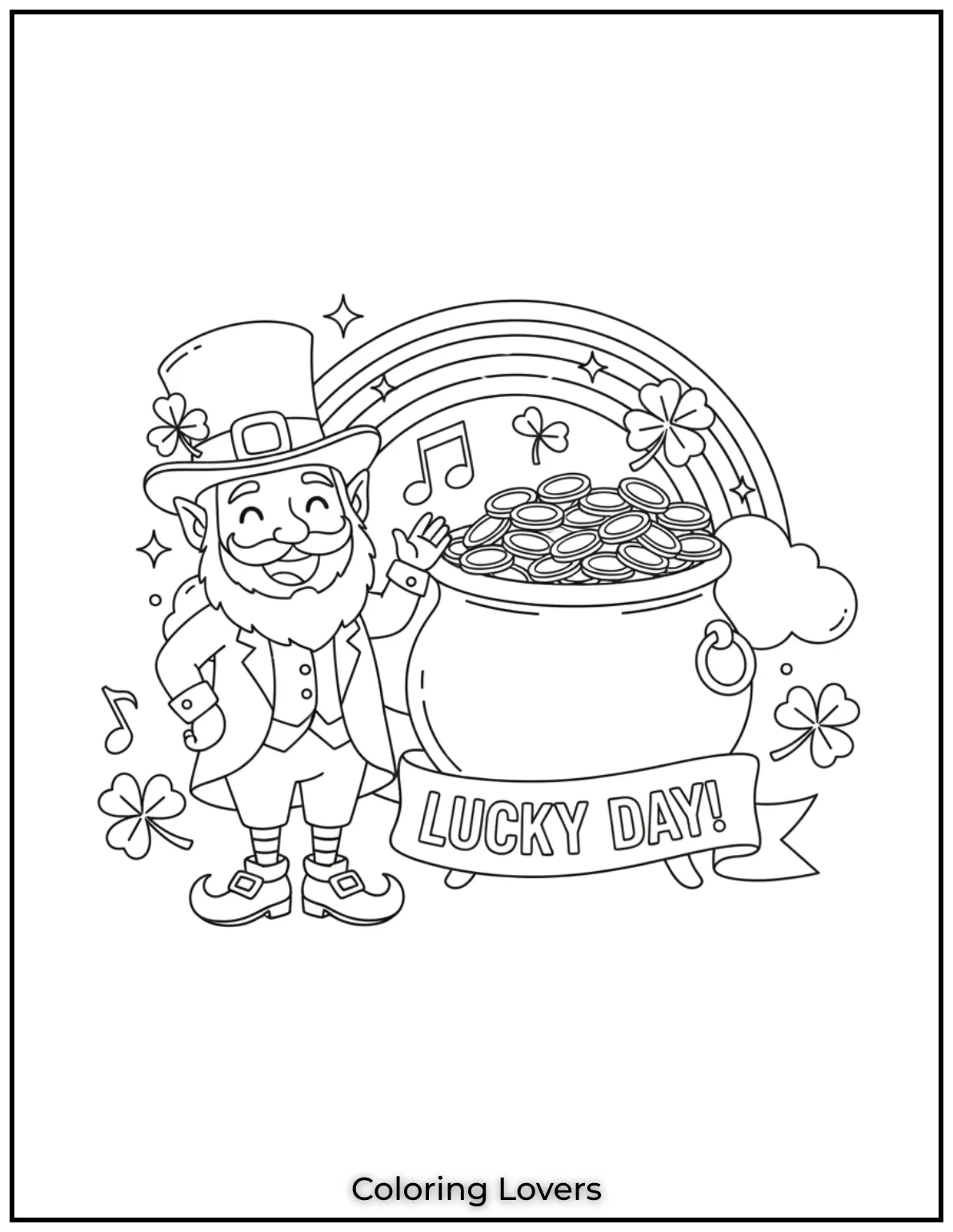 Download St Patrick's Day Coloring Pages 4 A pot full of gold shines under a lucky rainbow.