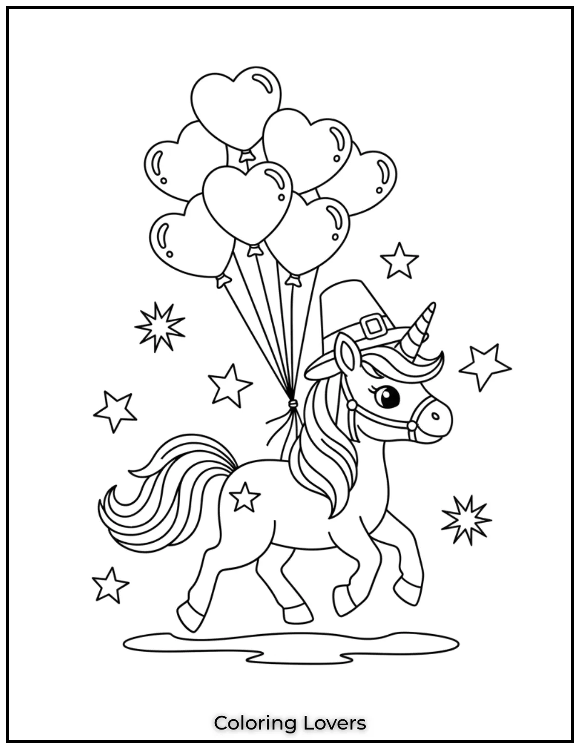 A proud little unicorn trots by with festive balloons and stars. Shes all dressed up for the big parade
