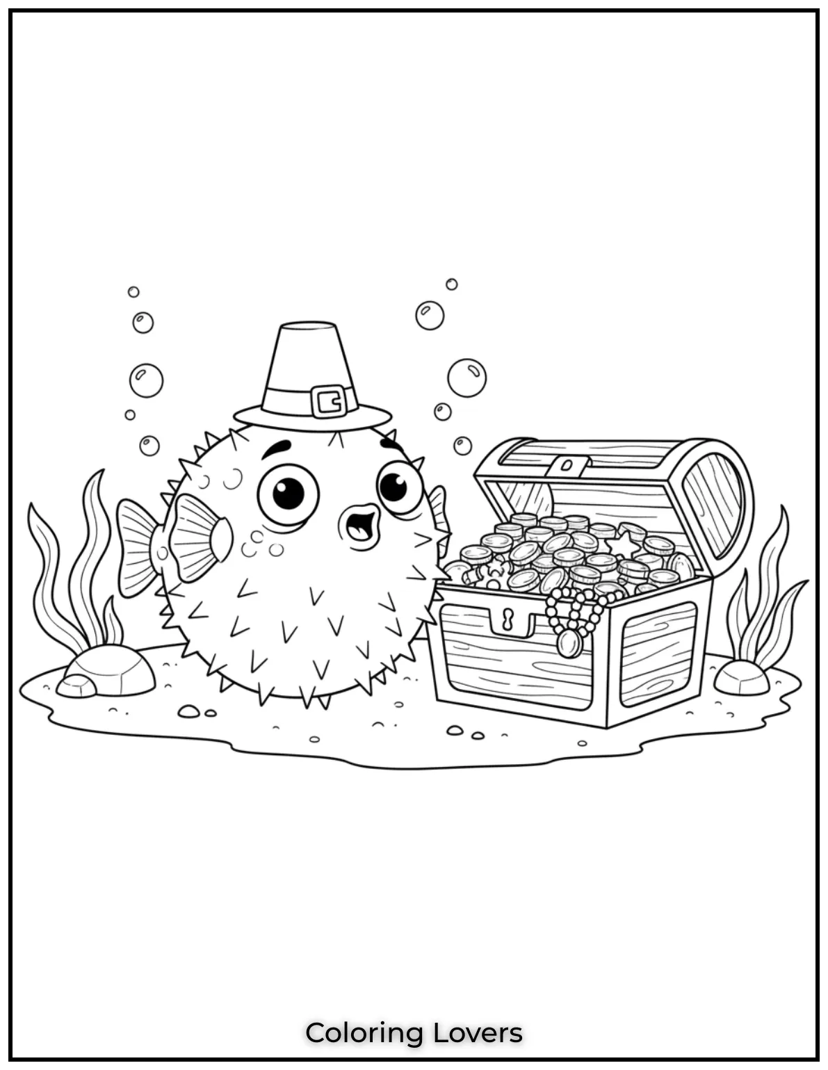 A pufferfish puffs up beside a treasure chest. Spikes out and eyes wide its full of charm