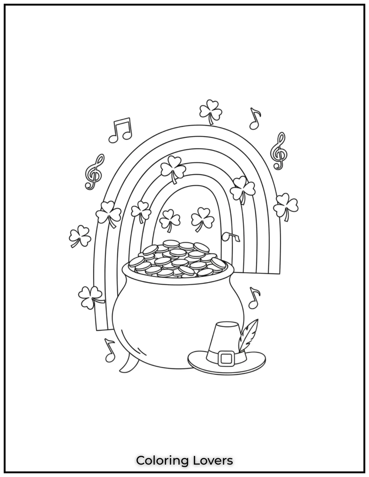 Download St Patrick's Day Coloring Pages 15 A rainbow leads the way to a pot of gold. Shamrocks dance around this lucky scene, waiting for a splash of color.