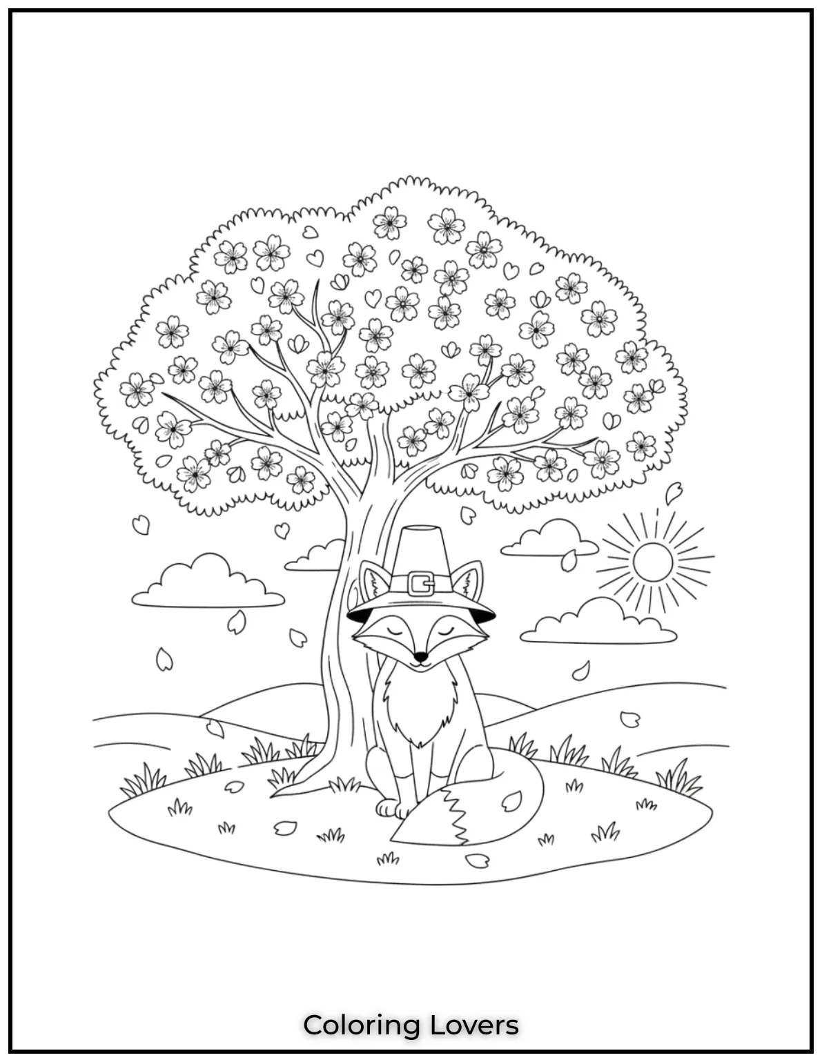 Powerful Fox Coloring Pages That Are Hidden 26 A serene fox sits beneath cherry blossoms, petals falling gently.