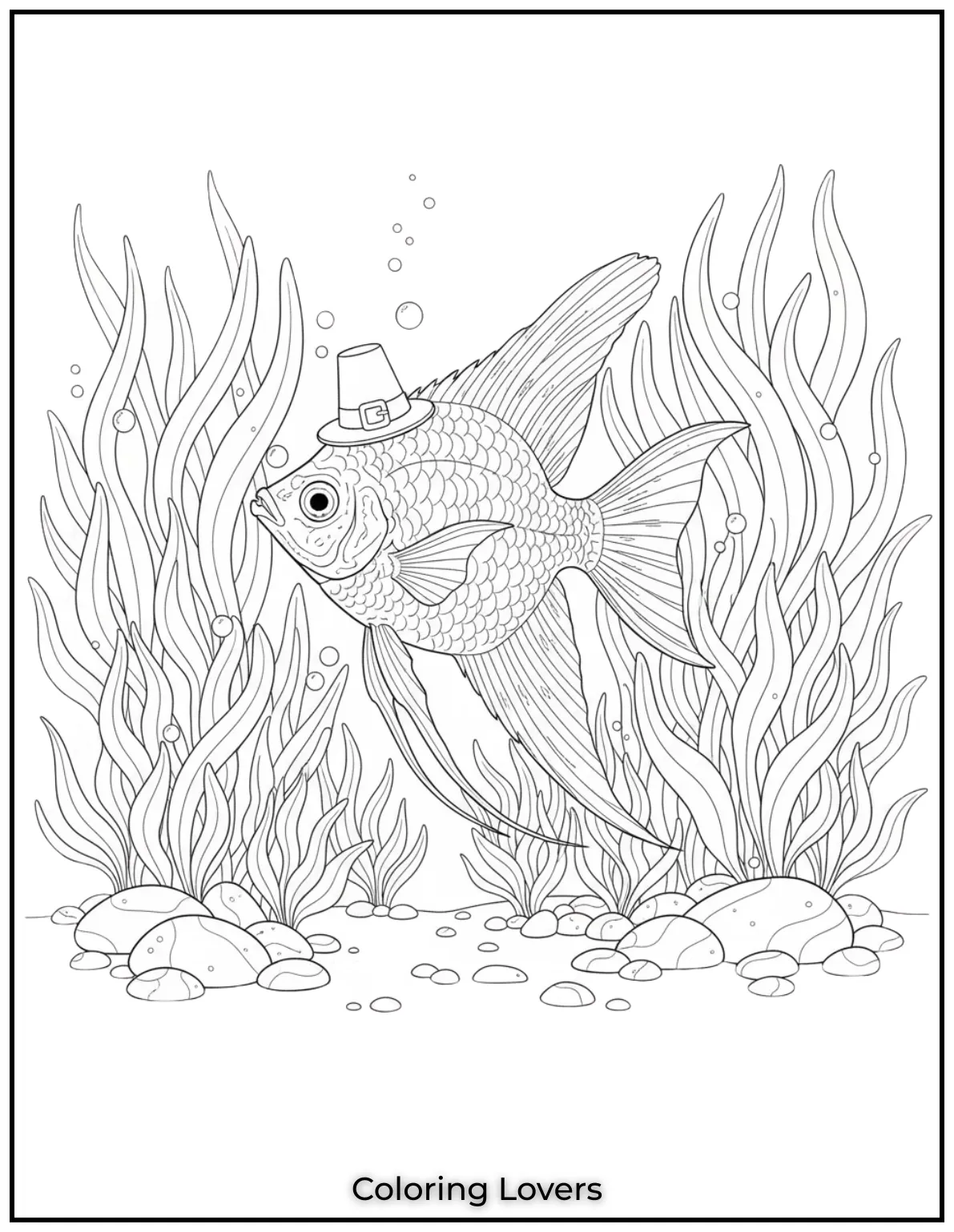 A single angelfish floats through tall leaves in silence. Perfect for relaxing fish coloring pages for adults