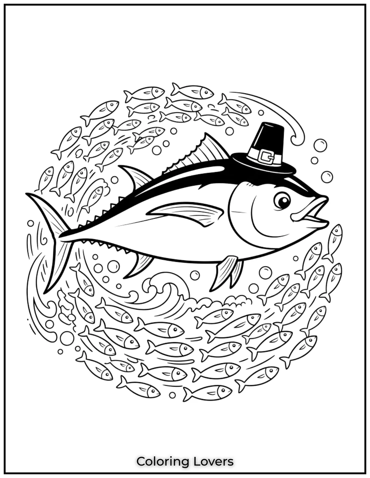 A sleek saltwater tuna swims fast through the ocean. It moves with power beside a silvery fish school