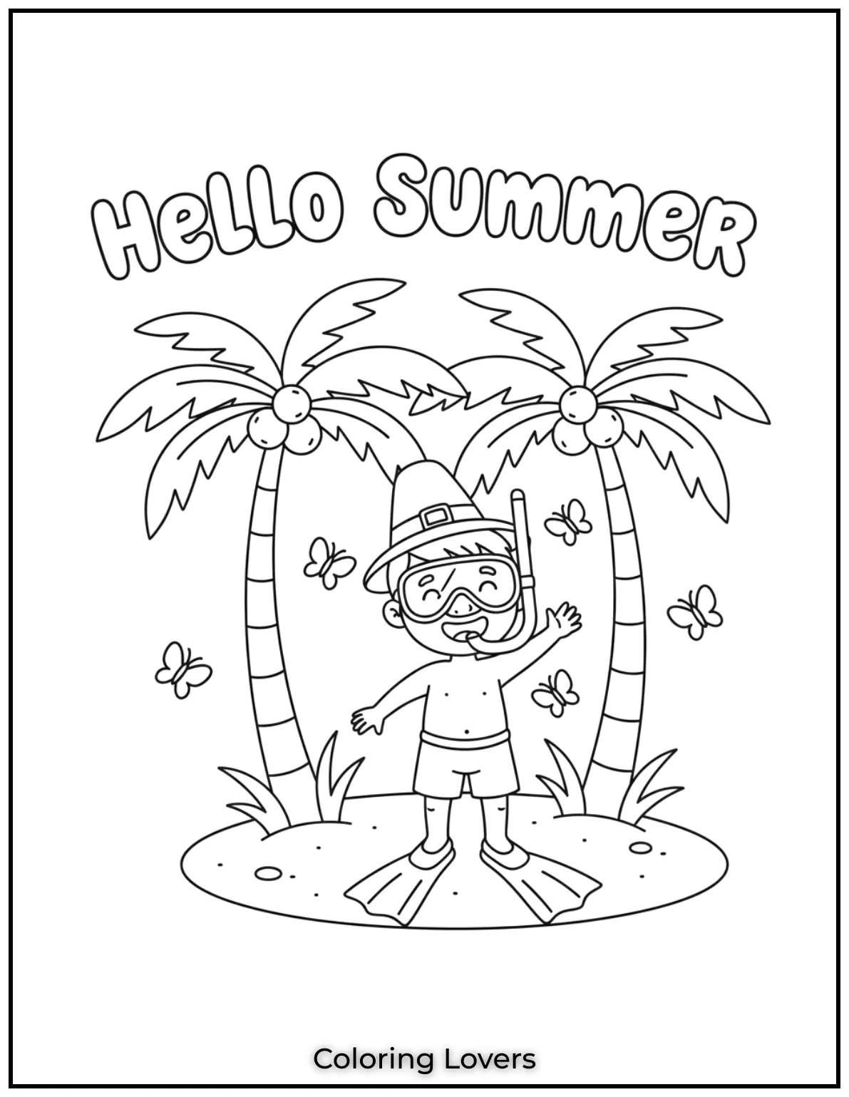 A smiling boy in snorkel gear stands by palm trees and butterflies.