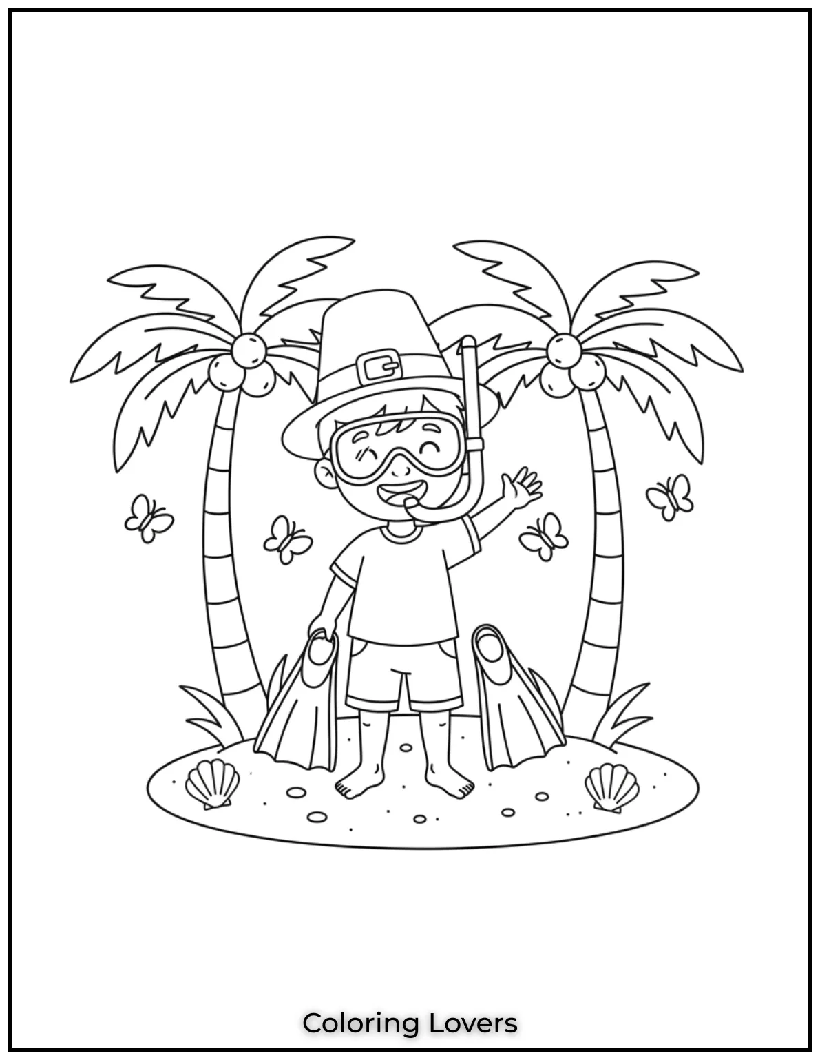 A snorkel-ready boy stands on soft sand, fins in hand.