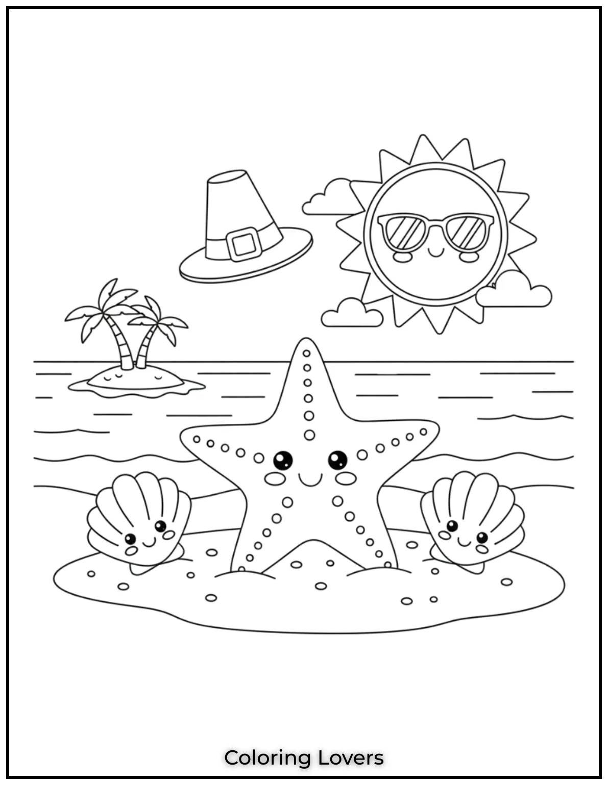 A starfish and seashells sit on the shore with big smiles.