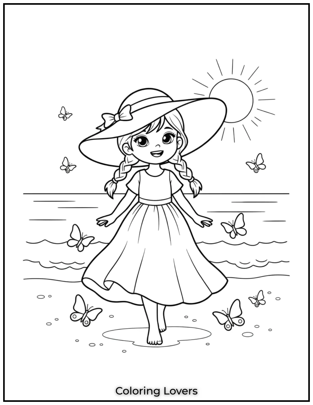 A stylish girl in a sunhat and dress walks barefoot surrounded by butterflies.