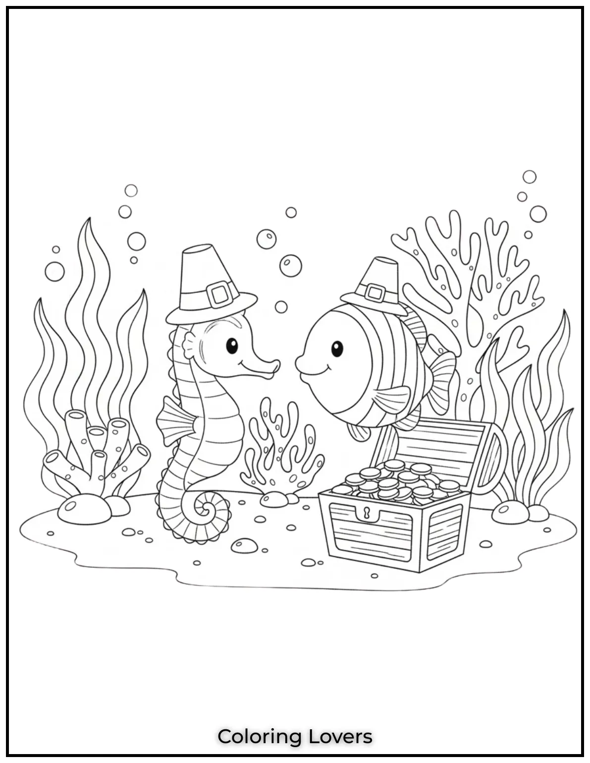 A sweet seahorse and fish chat near a treasure chest. This joyful underwater encounter will spark kids imaginations