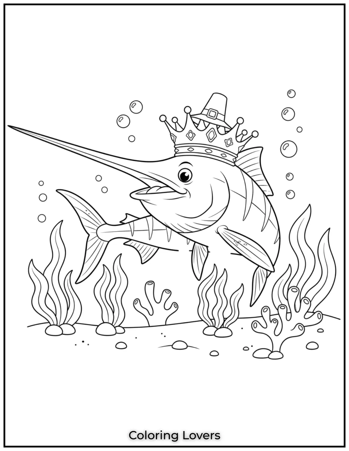 A swordfish with a crown swims proud and strong. A royal splash in the ocean deep