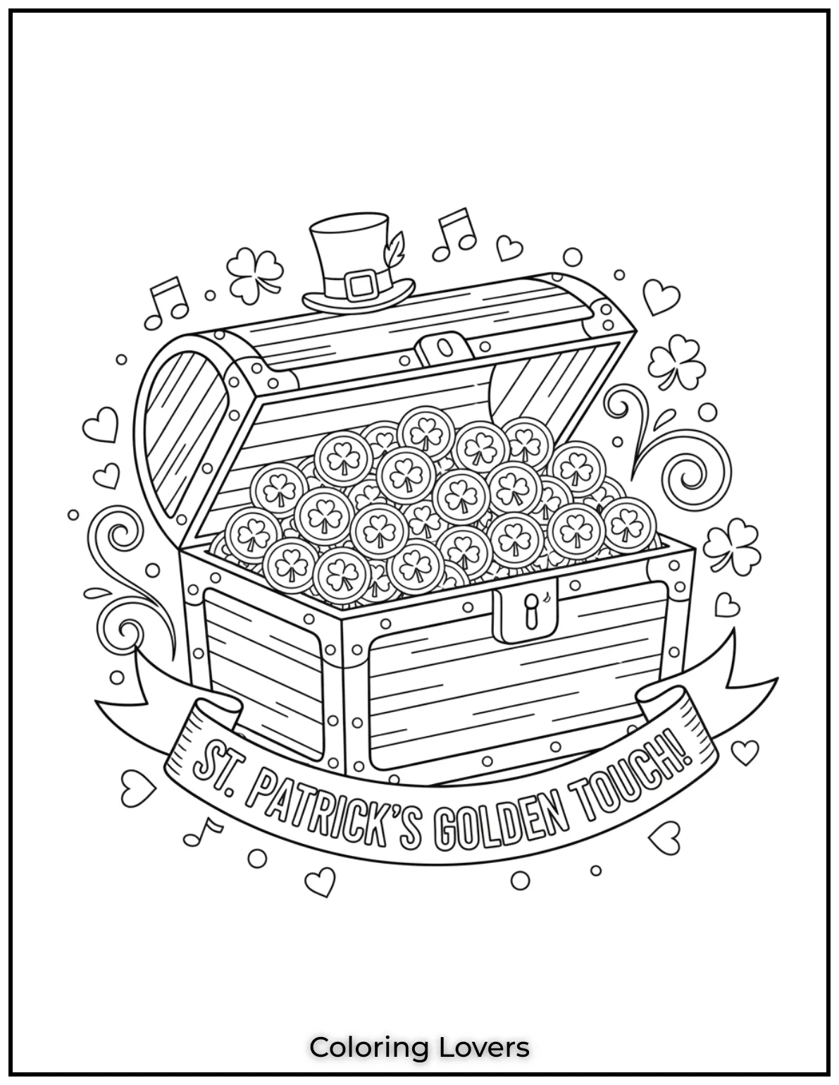 Download St Patrick's Day Coloring Pages 43 A treasure chest full of lucky coins is waiting to be colored