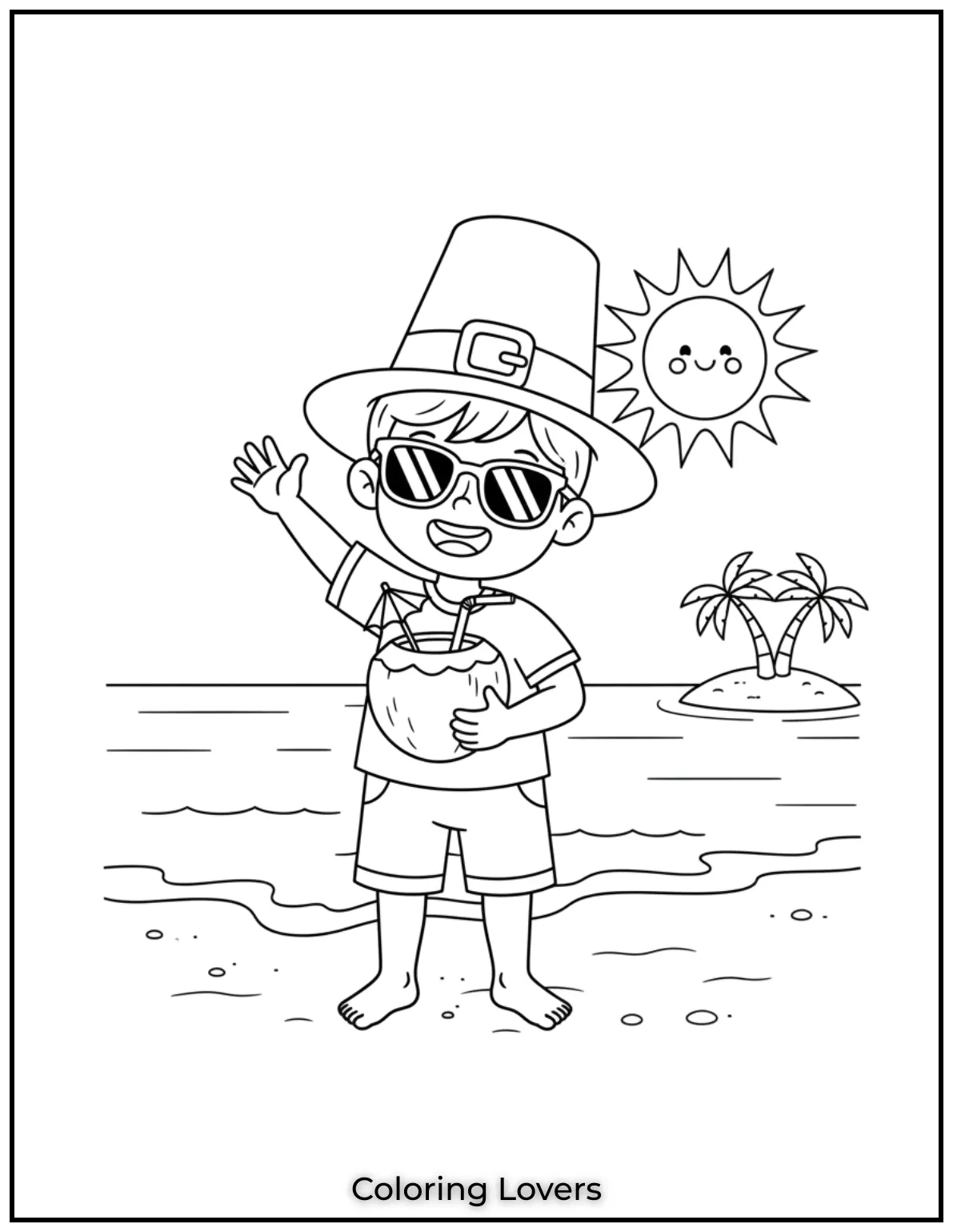 A young boy waves happily with a coconut drink by the shore. 