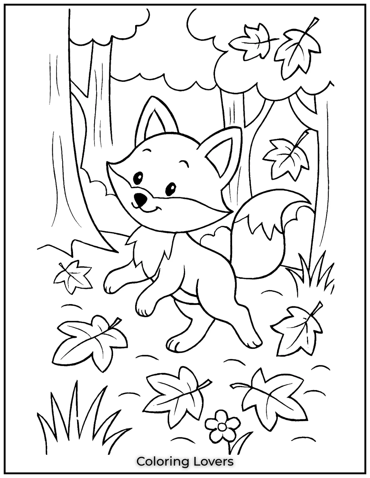 Powerful Fox Coloring Pages That Are Hidden 17 A young fox trots playfully among fallen autumn leaves in a lively forest scene.