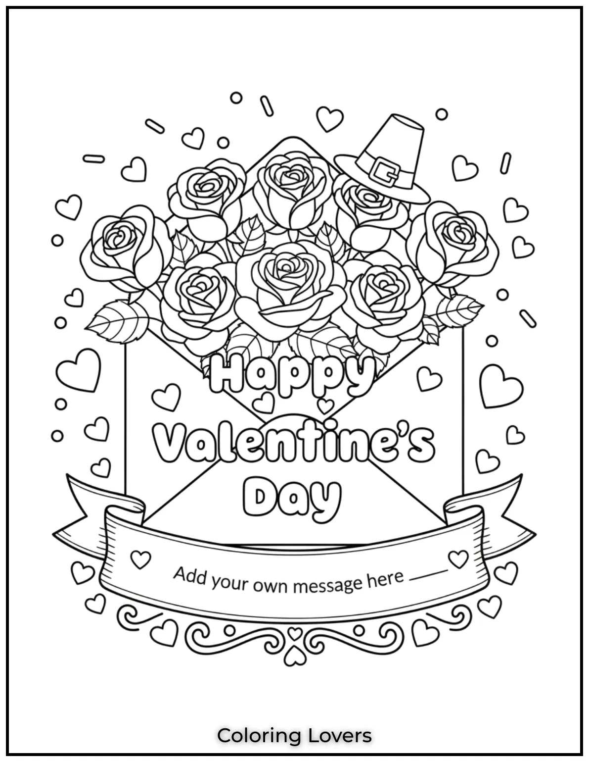 Cute Valentine’s Day Coloring Pages to Color and Enjoy 39 An envelope filled with love and roses says Happy Valentines Day to warm hearts everywhere. Use the blank banner to add a sweet message of your own