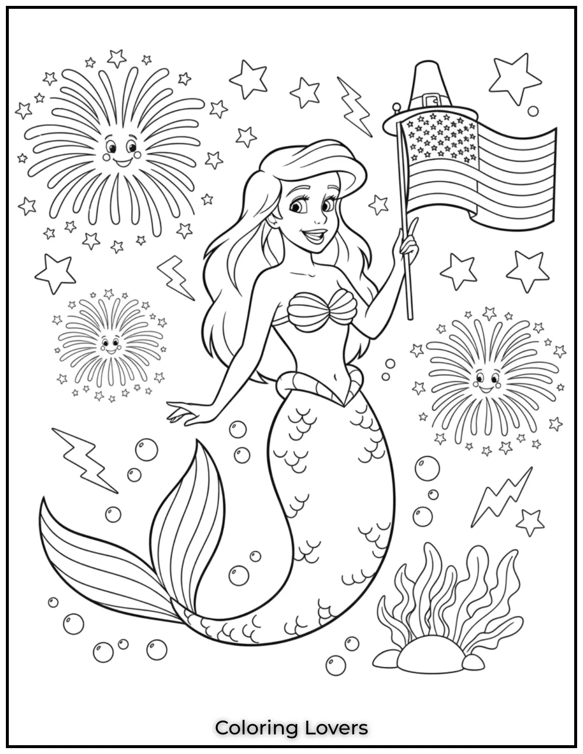 Ariel Mermaid waves a flag while fireworks sparkle all around. Stars and stripes light up the sea