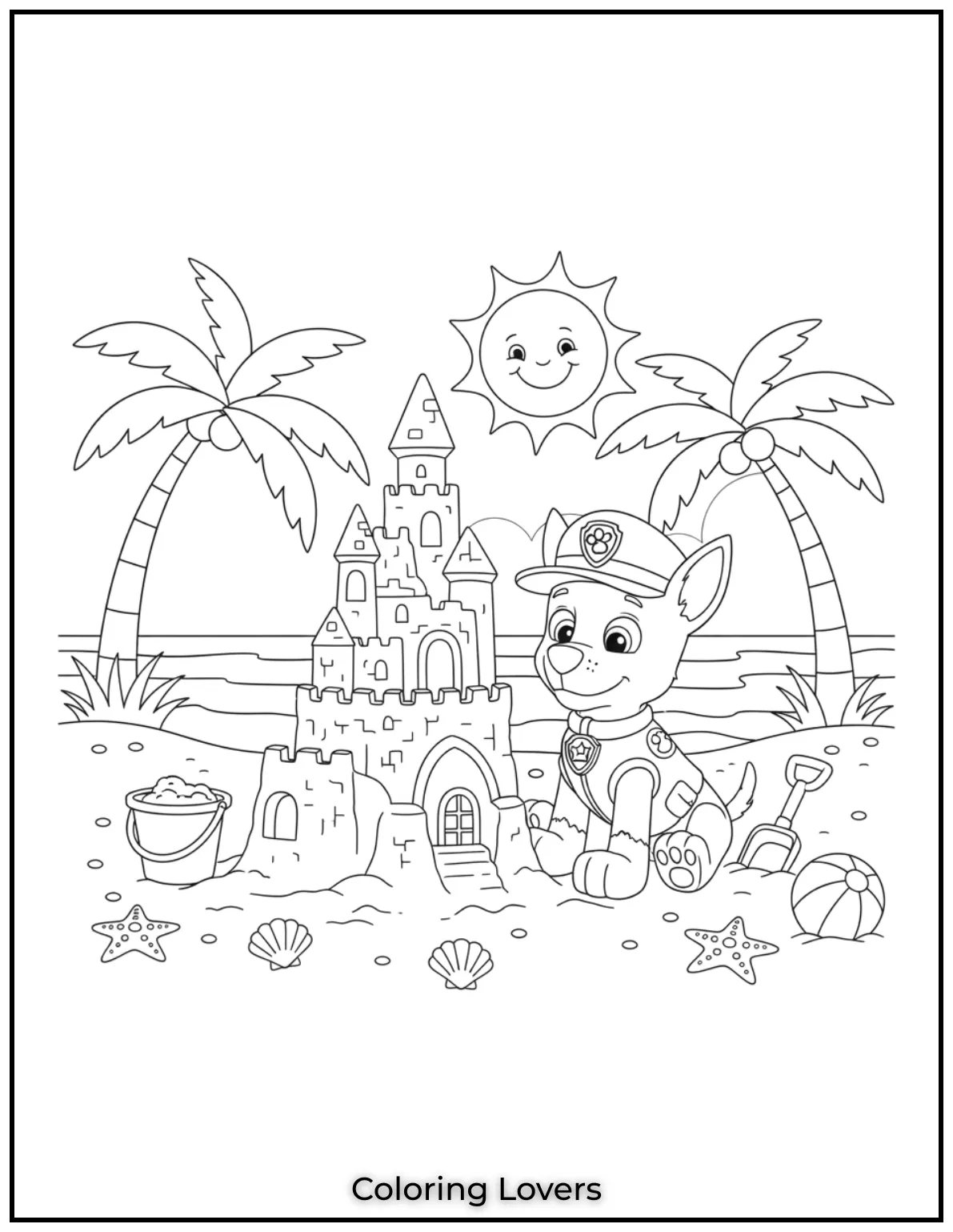 Chase builds a detailed sandcastle under bright sun and palms.