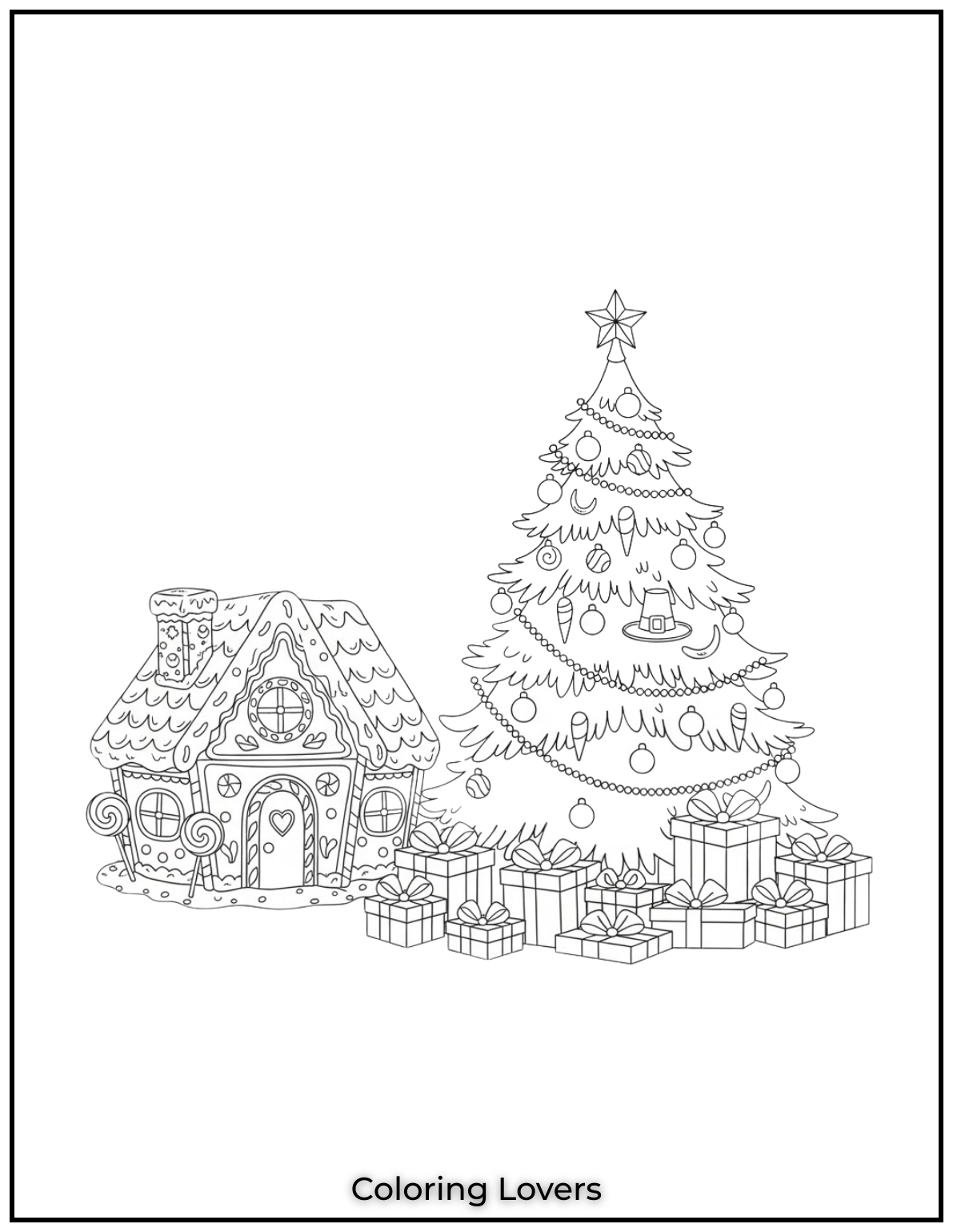 Free Printable Christmas Tree Coloring Pages 33 Creating this cozy scene with a gingerbread house beside the Christmas