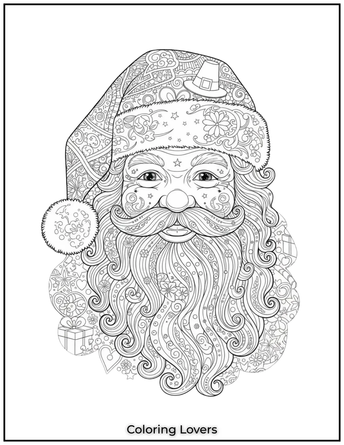 Dive into the detailed patterns of Santa’s face, designed for adults who enjoy intricate coloring challenges.