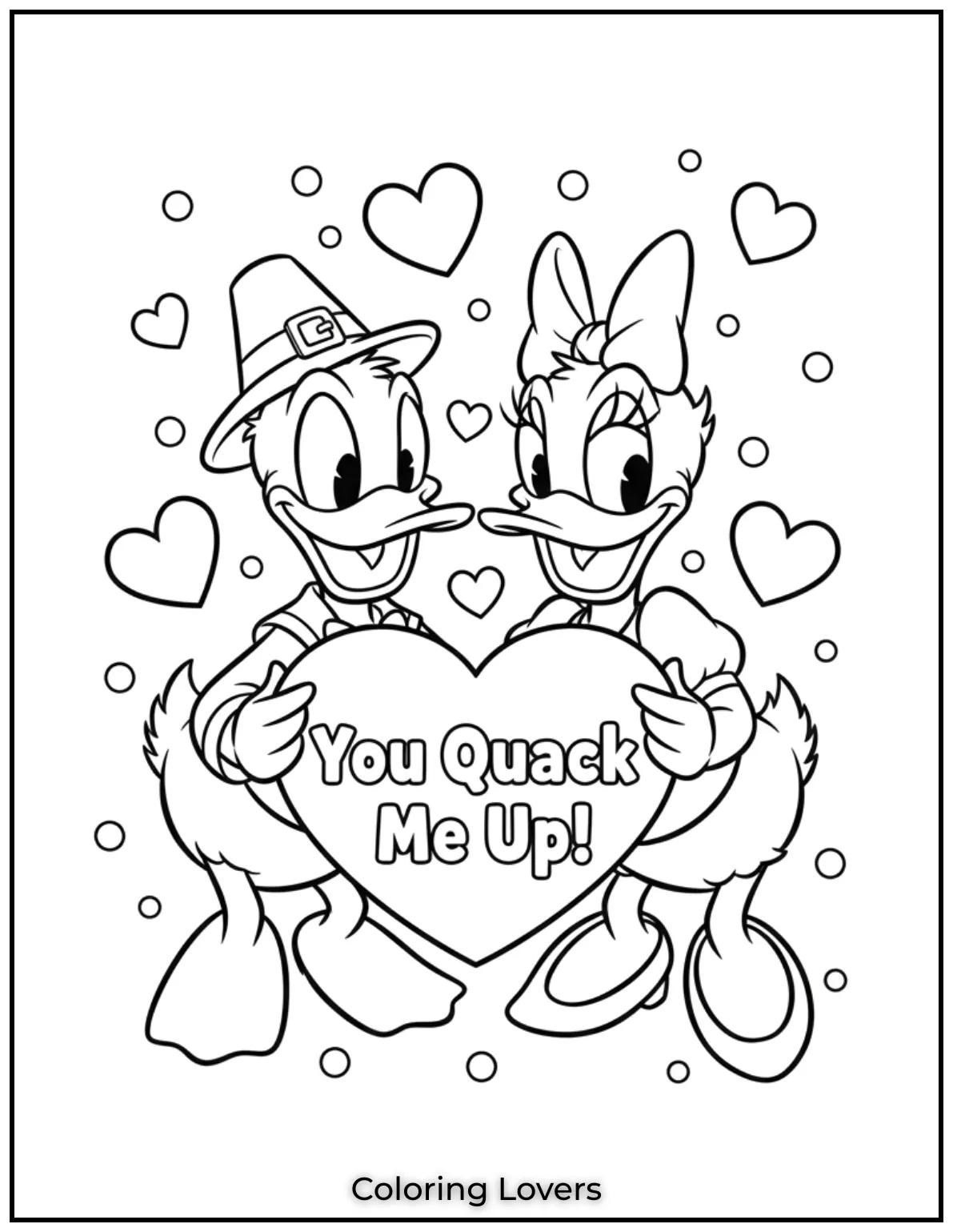 Cute Valentine’s Day Coloring Pages to Color and Enjoy 52 Donald and Daisy hold a heart together expressing You Quack Me Up This playful design is full of fun and Valentines cheer