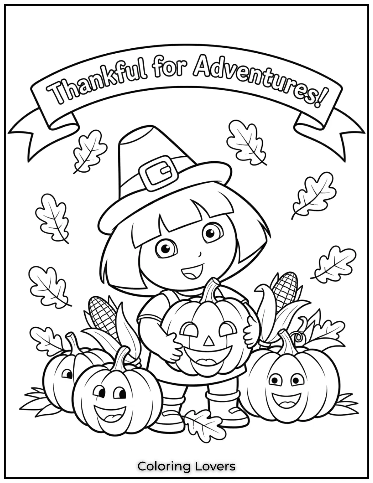 Dora is ready for a Thanksgiving adventure with her pumpkin The text Thankful for Adventures really captures the spirit of exploring gratitude in fun ways