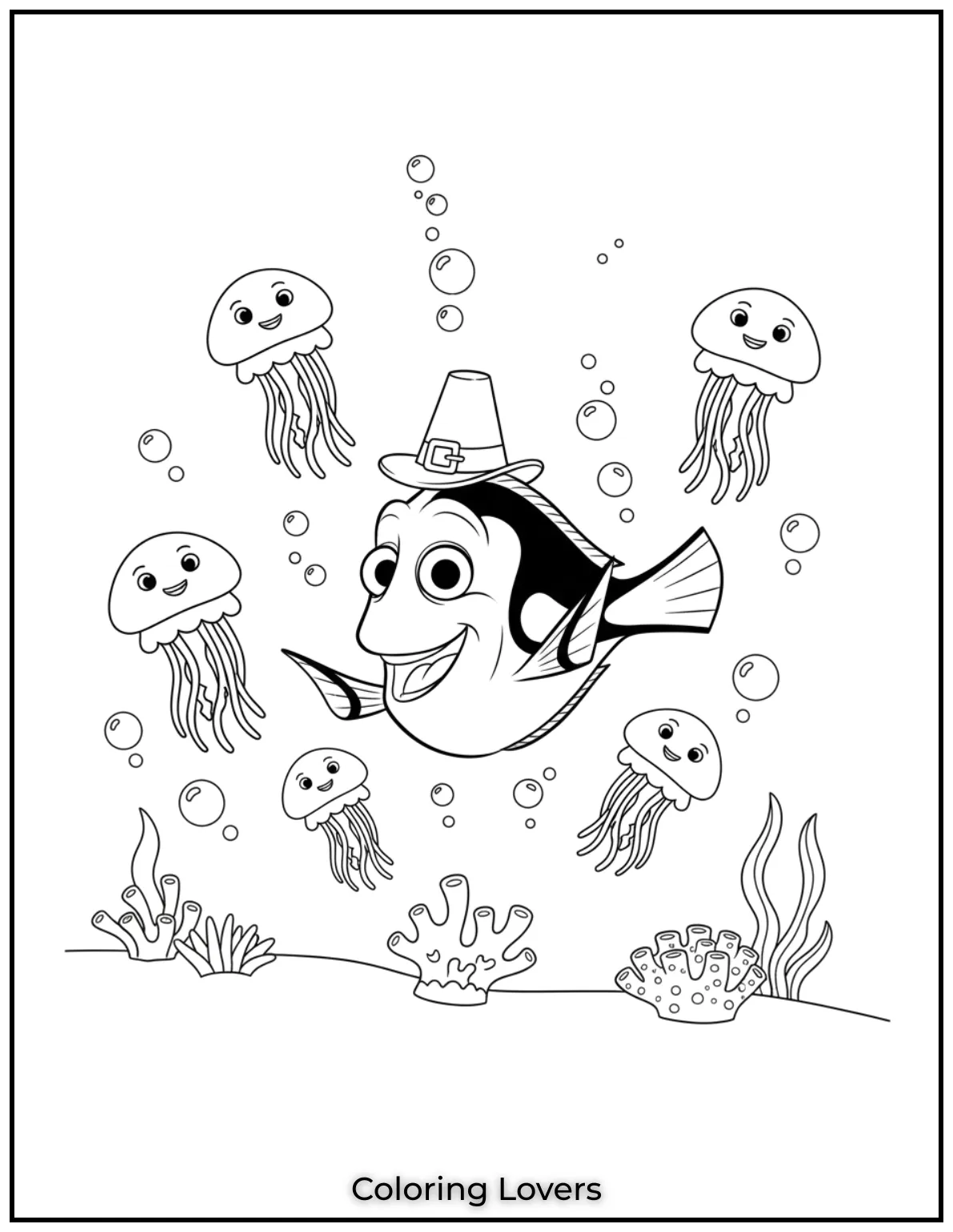Dory glides between friendly jellyfish with her joyful grin. A bubbly Finding Dory moment to color in style