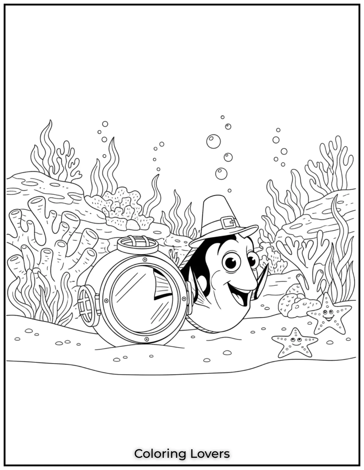 Dory smiles beside a divers mask in the reef. A fun underwater setting with printable fish coloring sheets charm
