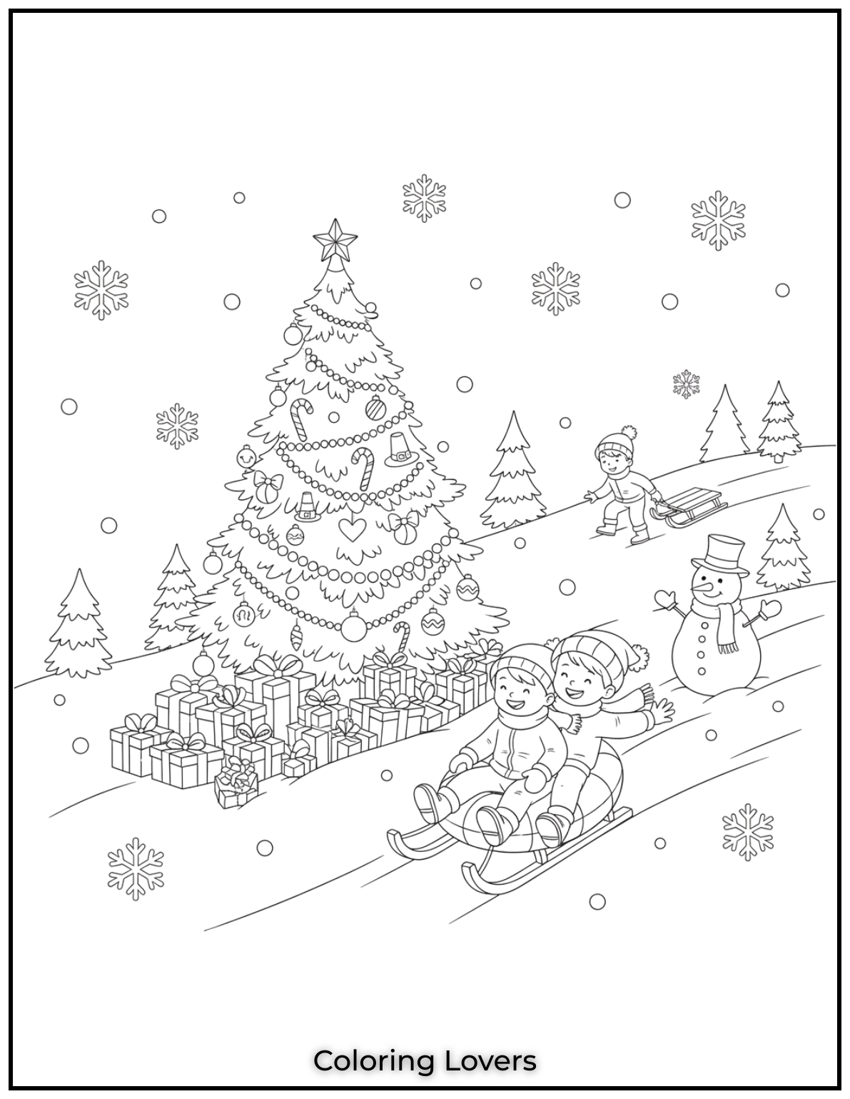 Free Printable Christmas Tree Coloring Pages 39 Drawing the excitement of kids sledding down the hill