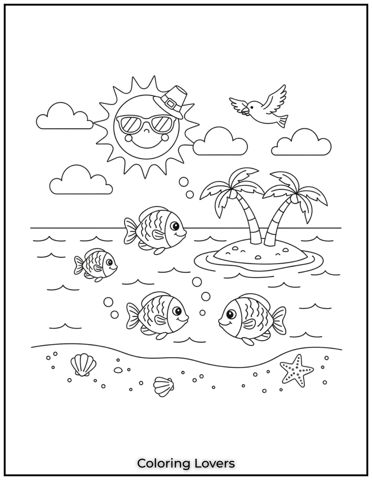 Fish swim happily under the sun with waves and a flying bird. 