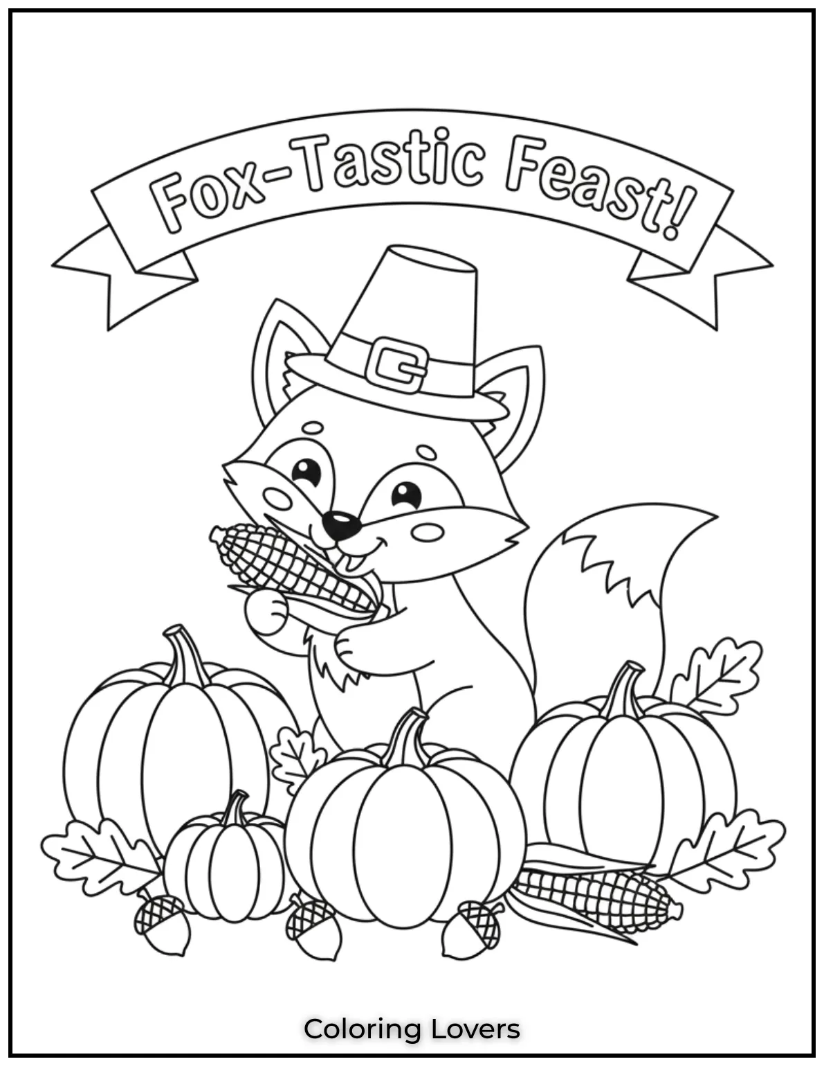 Fox Tastic Feast This playful fox is ready for a bountiful feast with a corn cob in its mouth and pumpkins all around