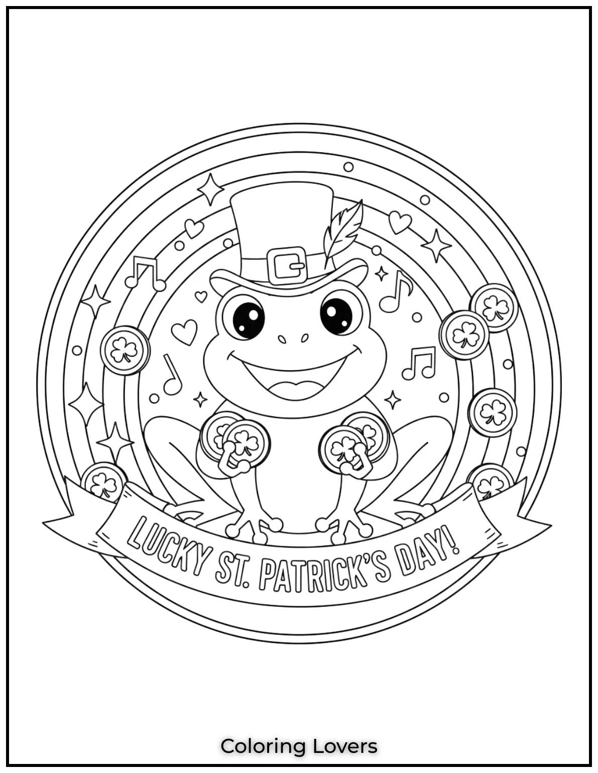 Download St Patrick's Day Coloring Pages 34 Gold coins rain down on this lucky frog under a rainbow.