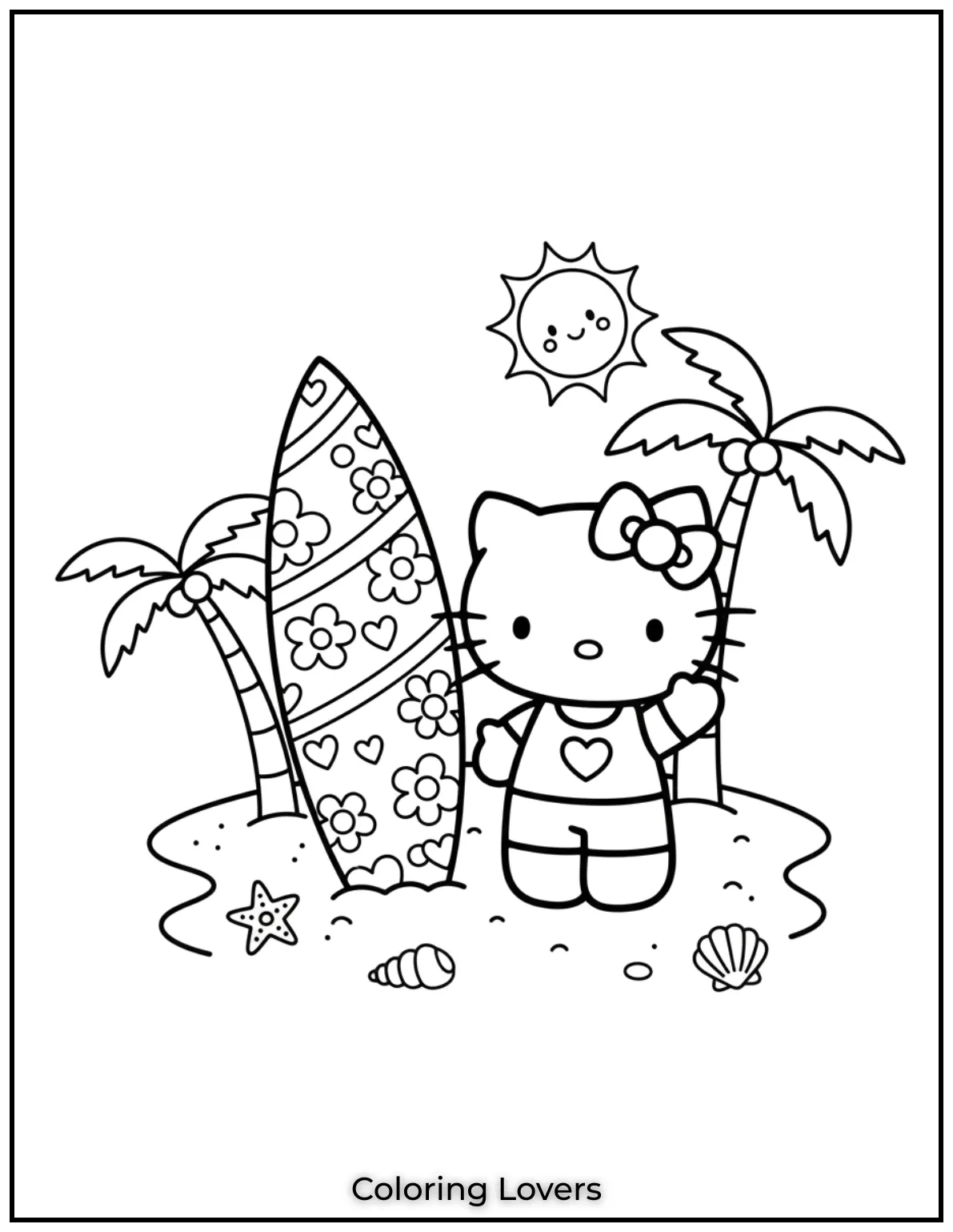 Hello Kitty stands by a floral surfboard, ready for a beach day.