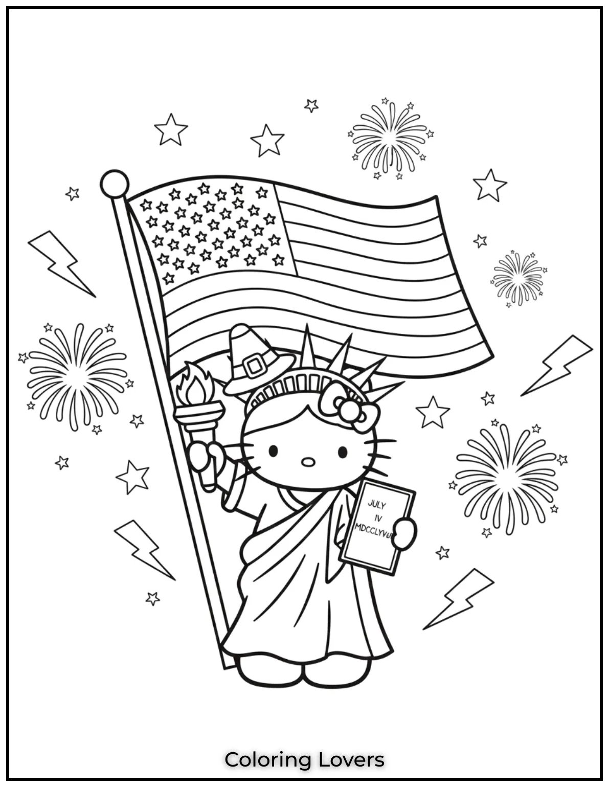 Hello Kitty stands tall as Lady Liberty holding a torch and tablet with pride. A gentle nod to freedoms glow