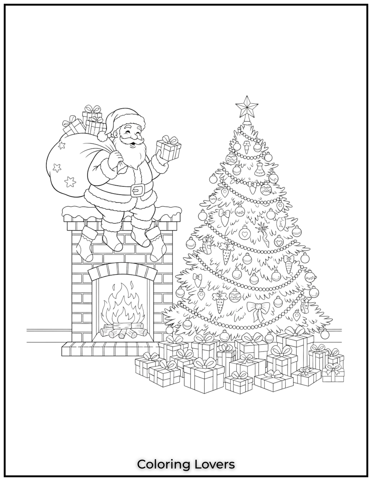 Free Printable Christmas Tree Coloring Pages 47 Here comes Santa through the chimney, just in time for Christmas morning!