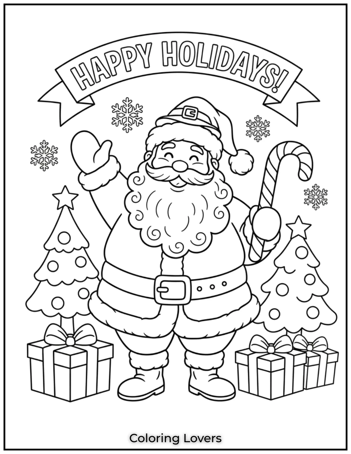 Here’s Santa waving joyfully with his candy cane, ready to spread holiday cheer. Perfect for kids to enjoy coloring.