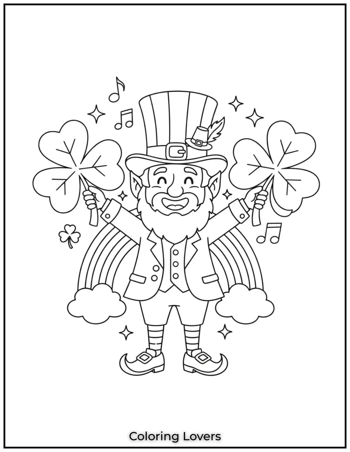 Download St Patrick's Day Coloring Pages 6 Holding two giant four-leaf clovers, this leprechaun is feeling