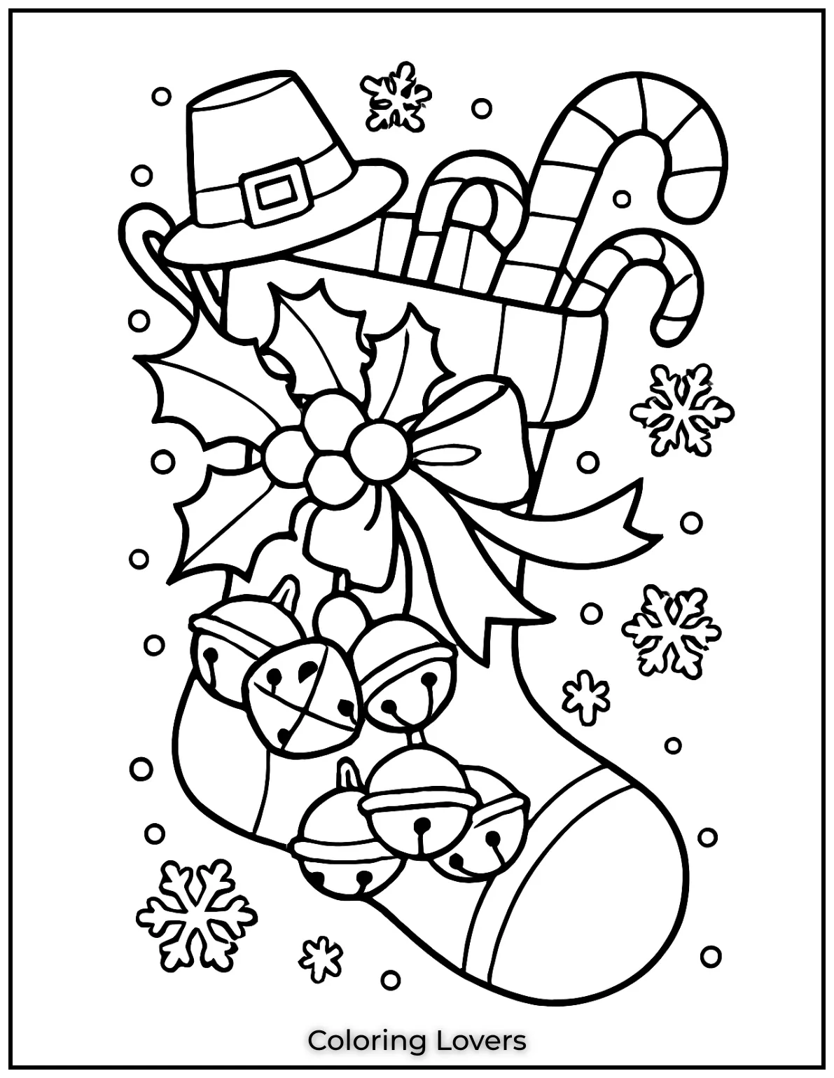 I designed this charming stocking with bells and ribbons to bring holiday cheer. Its perfect for kids to color in festive hues
