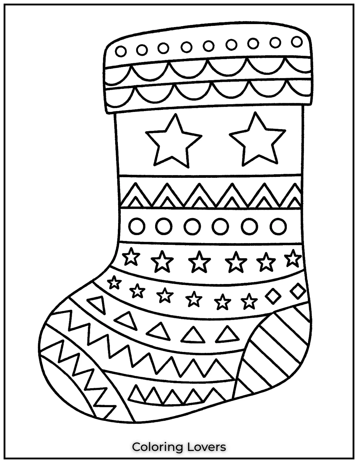 I designed this intricate stocking with geometric patterns for a bold look. Its a perfect Christmas stocking coloring page for detail lovers