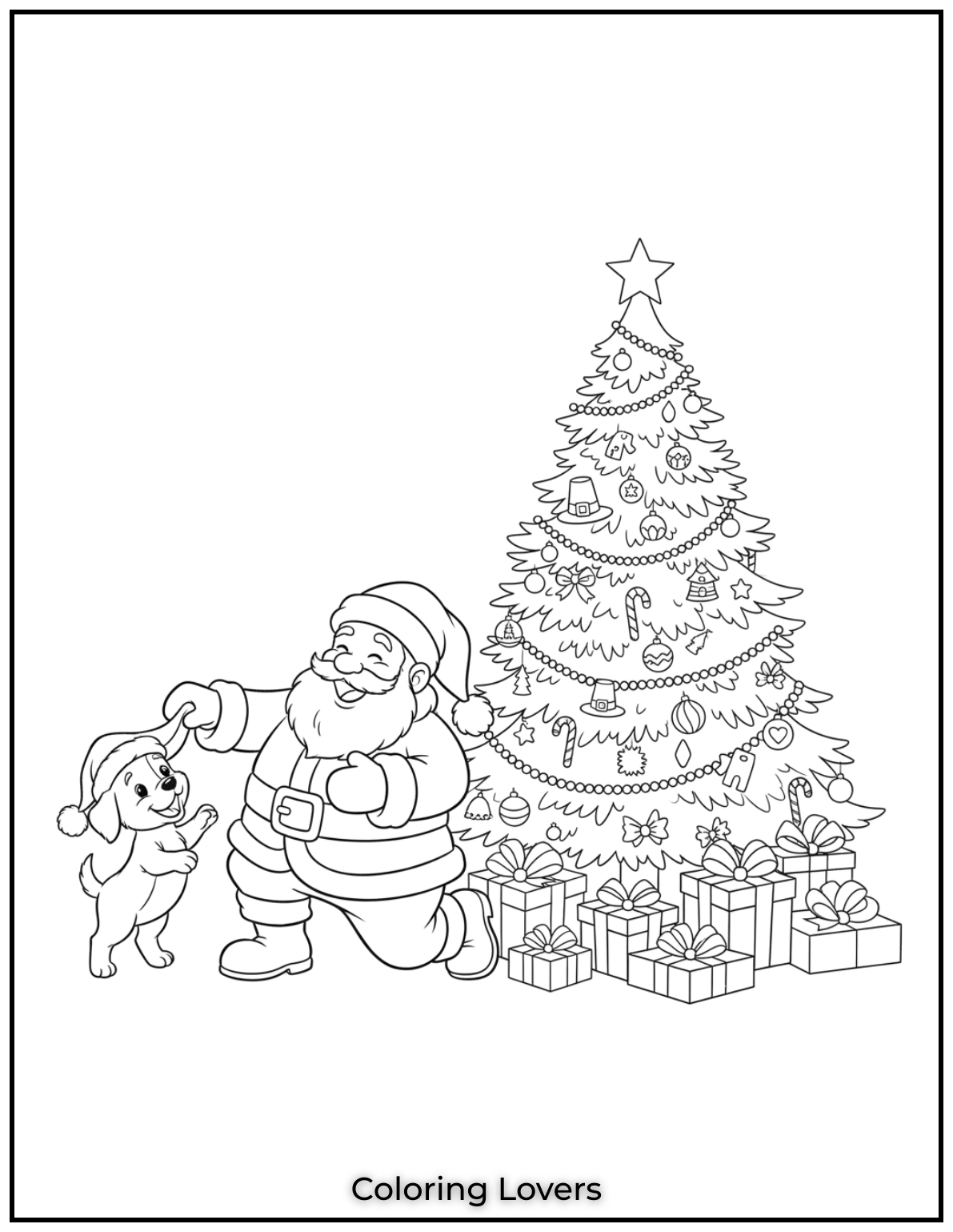 Free Printable Christmas Tree Coloring Pages 34 I drew this playful moment between Santa and his puppy by the Christmas tree,