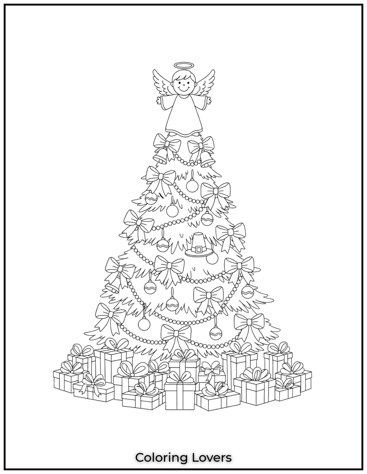 Free Printable Christmas Tree Coloring Pages 30 I had so much fun adding all the little bows and bells to this Christmas tree, with an angel perched on top.