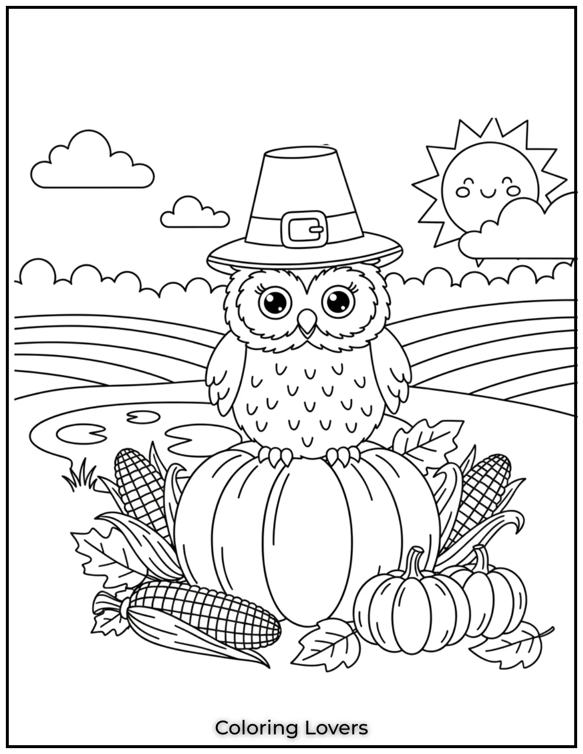 Superior Owl Coloring Pages for Kids who love Coloring! 18 I had so much fun drawing this festive owl with pumpkins and corn. Its a perfect Thanksgiving themed coloring activity for kids
