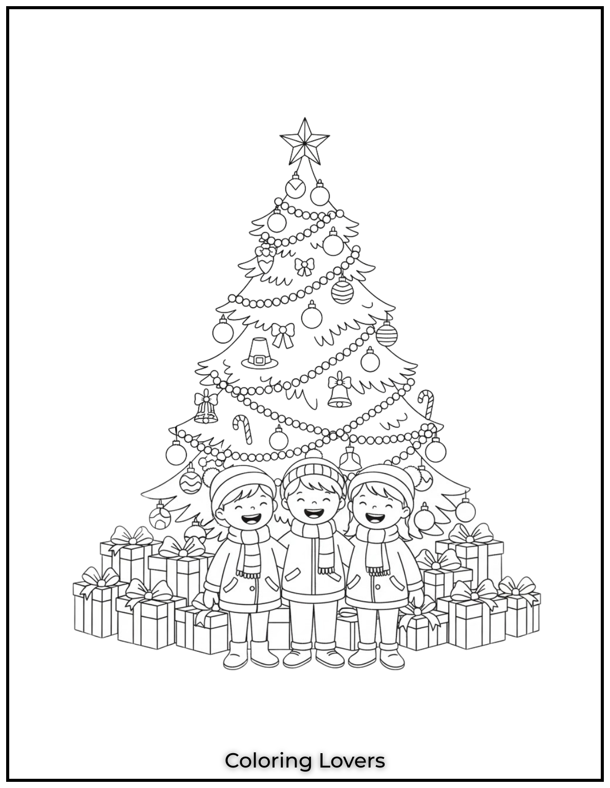 Free Printable Christmas Tree Coloring Pages 45 I love how joyful these kids look while singing carols in front of the tree.