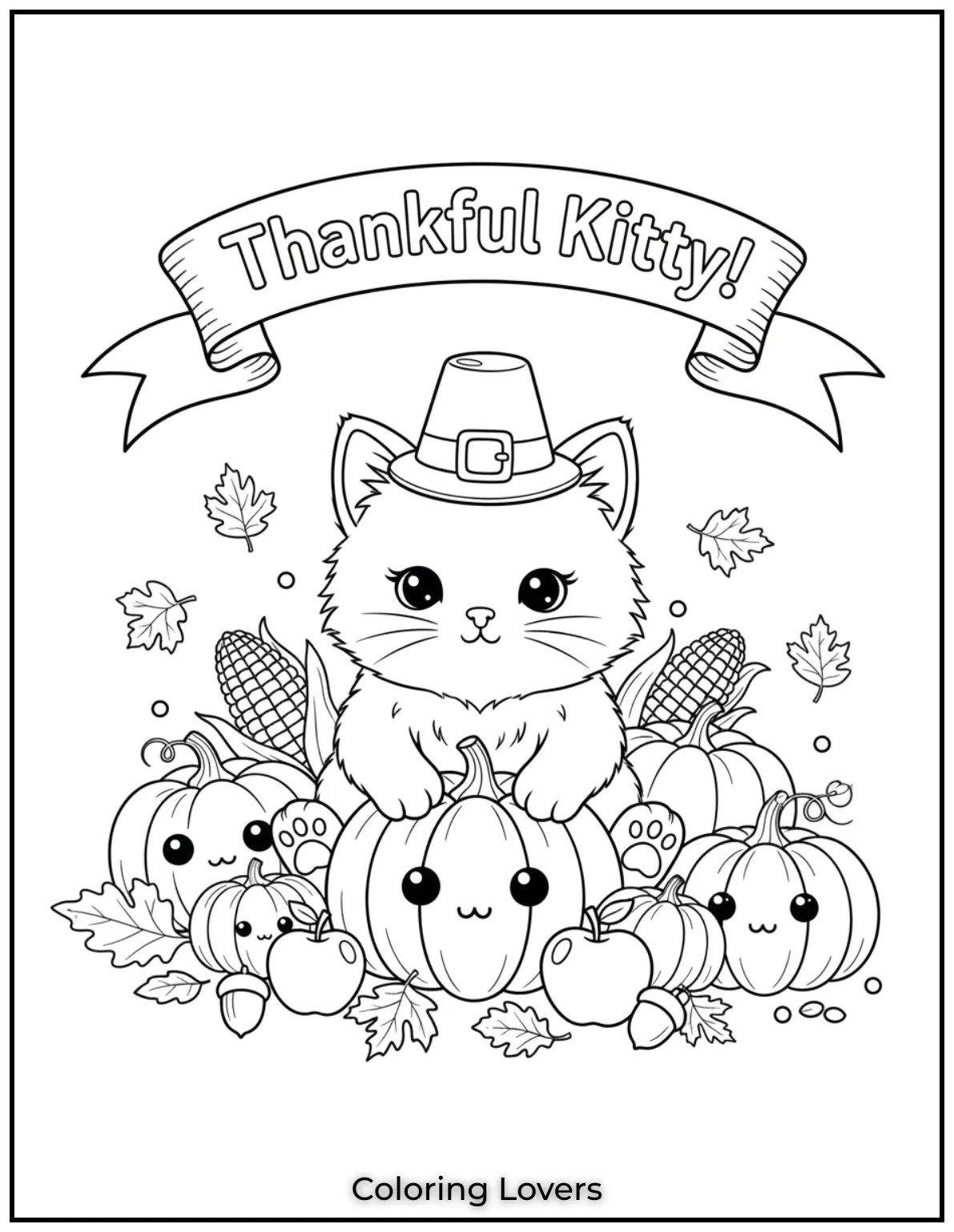 I love how this cute kitty is gathering pumpkins and apples for Thanksgiving Perfect for kids to color and celebrate gratitude with the words Thankful Kitty at the top